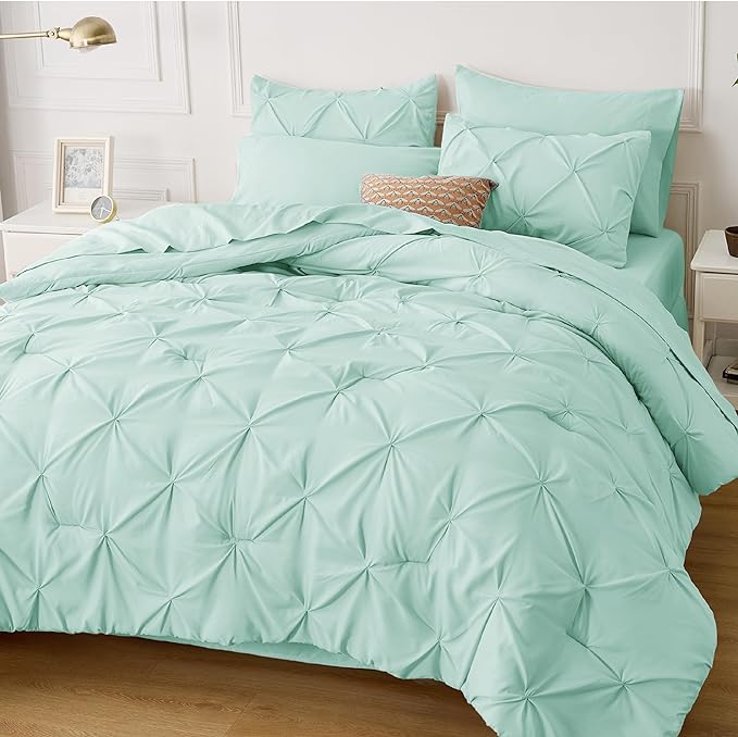 Bedsure Twin Comforter Set with Sheets - 5 Pieces Twin Bedding Sets, Pinch Pleat Mint Green Twin Bed in a Bag with Comforter, Sheets, Pillowcase & Sham - LeafyLoom