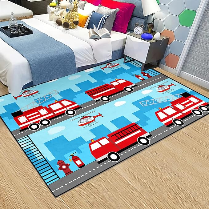 Car Rug Play Mat Car Rug Play Mat Car Rug for Boys Room Fire Fighting Truck Red Car Printed Rug Play Rug for Cars and Trucks Play Rugs for Kids Rooms,Light Blue 3'×5' - LeafyLoom