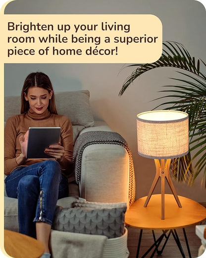 EDISHINE Tripod Table Lamp, 17.5" Modern Bedside Lamp with Natural Wood-colored Lamp Legs & Beige Linen Lampshade, Boho Nightstand Lamp for Bedroom, Living Room, Reading Room, E26 Base - LeafyLoom