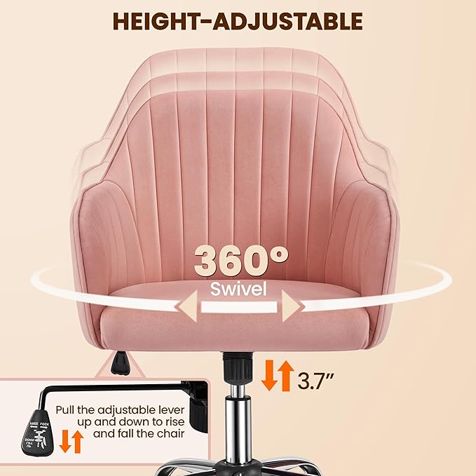 Yaheetech Velvet Vanity Chair Makeup Chair Cute Office Chair Aesthetic Desk Chair Height Adjustable Task Chairs 360° Swivel Computer Chair Living Room Chairs with Arms&Stainless Base Accent Pink - LeafyLoom