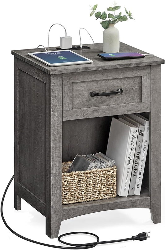 VASAGLE Farmhouse Nightstand with Charging Station, Bedside Table with Drawer, Open Compartment, Side Table with Storage, for Bedroom, Misty Gray ULET659G68 - LeafyLoom