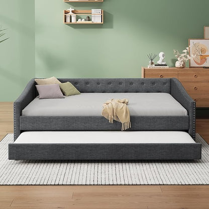 Twin Daybed Frame with Trundle,Upholstered Sofa Bed W/Button & Nailhead Tufted Design,Wood Slats Support,Saving Space,Linen Fabric Bedframe for Living Room Bedroom Apartment,Dark Gray - LeafyLoom