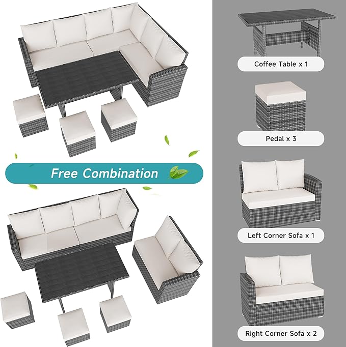 IDEALHOUSE 7 Pieces Outdoor Dining Set,Patio Sectional Sofa Conversation Set All Weather Wicker Rattan Couch Dining Table & Chair with Ottoman Beige - LeafyLoom