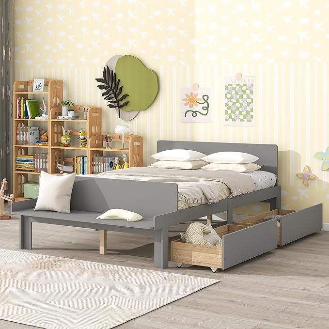 Dolonm Full Bed Frames for Kids with 2 Drawers, Storage Platform Bed with Footboard Bench, Twin Kids Bed Headboard Frame Pine Wood, High Stable, No Box Spring Needed, Twin Bed for Kids, Grey - LeafyLoom