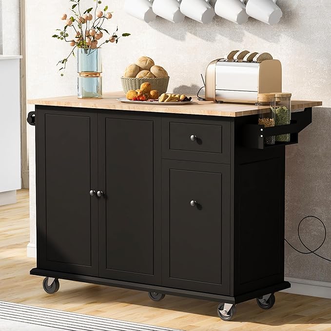 53.9" Drop Leaf, Rolling Island on Wheels w/Drawer and 3-Tier Pull Out Cabinet Organizer, Kitchen Storage Cart with Spice, Towel Rack, Black, 53.94 Inch - LeafyLoom