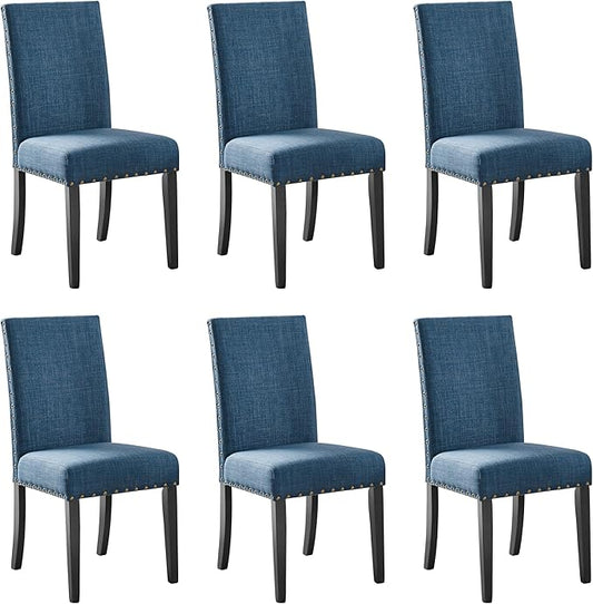 New Classic Furniture Crispin Dining Chair (Set of Six), 100% Polyester Marine Blue Fabric with Espresso Legs - LeafyLoom