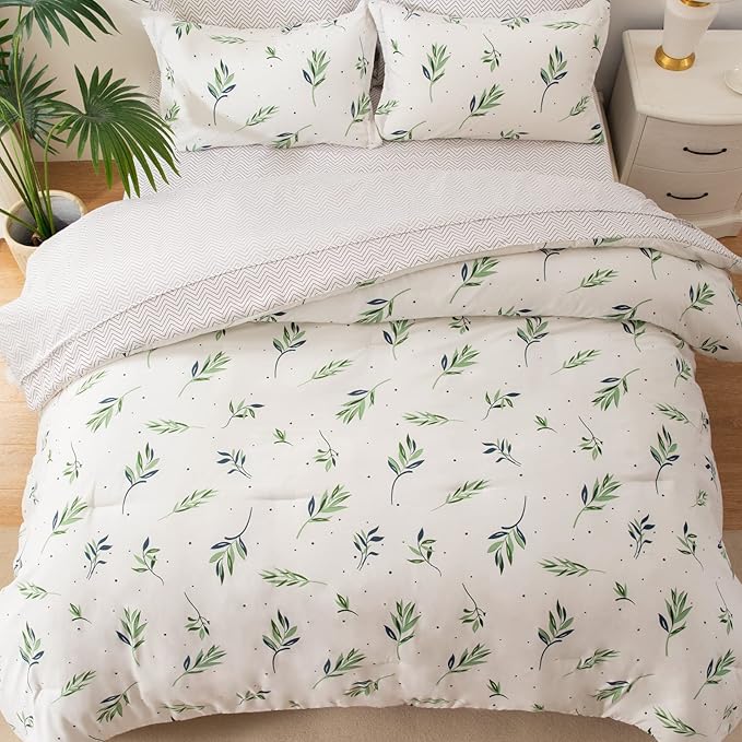 EMME Queen Comforter Set - Sage Green Floral Bedding Set 7 PCS with Nature Leaves Pattern, Soft Leaf Printed Botanical Bed Set with Sheets, Fluffy Bed Bag for All Season(90"X90") - LeafyLoom