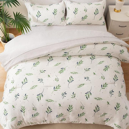 EMME Twin Comforter Set - Sage Green Floral Bedding Sets 5 PCS with Nature Leaves Pattern, Soft Leaf Printed Botanical Bed Set with Sheets, Fluffy Bed Bag for All Season(68"X90") - LeafyLoom