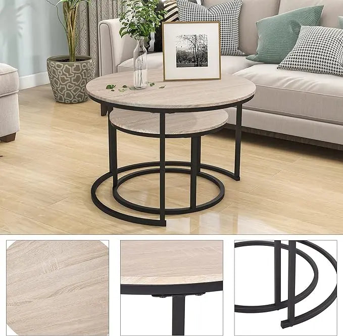 Industrial Round Coffee Table Set of 2 End Table for Living Room,Stacking Side Tables, Sturdy and Easy Assembly,Wood Look Accent Furniture with Metal Frame,Black+Teak Oak - LeafyLoom