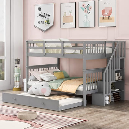 Stairway Full-Over-Full Bunk Bed with Twin Size Trundle, Storage Stairs and Guard Rail, 3-in-1 Bedframe for Bedroom Dorm, Kids Teens Adults, Gray - LeafyLoom