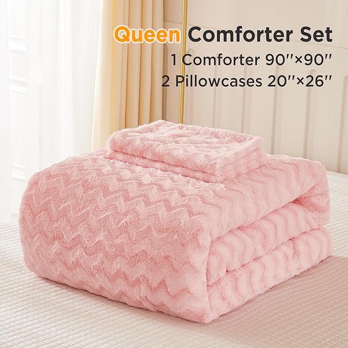 Andency Pink Fleece Comforter Set Queen Size, 3 Pieces Plush Shaggy Faux Fur Bed Comforter Set for Queen Bed, Fuzzy Fluffy Warm Bedding Set for Women Girls - LeafyLoom