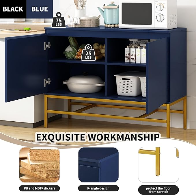 39.4" Minimalist & Luxury Two Door Sideboard with Gold Metal Legs,Freestandin Storage Buffet Cabinet,w/Adjustable Shelves,for Living, Dining Room,Entrance Passage,Navy - LeafyLoom