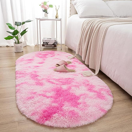 Merelax Soft Shaggy Rug for Kids Bedroom, Oval 2.6'x5.3' Plush Fluffy Rugs for Living Room, Furry Carpet for Teen Girls Room, Anti-Skid Fuzzy Comfy Rug for Nursery, Cute Baby Play Mat,Tie-dyed Pink - LeafyLoom