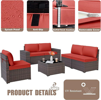 Patio Furniture Set Sofa 6-Piece Wicker PE Rattan Sectional Sofa Set, Outdoor Furniture Patio Conversation Set with Glass Coffee Table and Cushions, Red - LeafyLoom