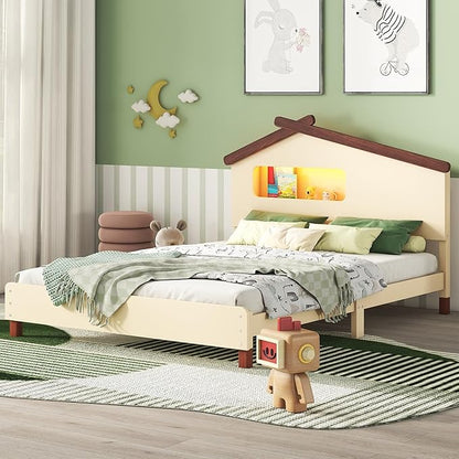 Full Size Bed Frame for Kids,Full Platform Bed with House-Shaped Headboard and Motion Activated Night Lights,Wood Full Kids Bed Frame for Girls,Boys(Full,Cream) - LeafyLoom