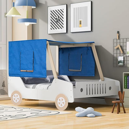 Full Size Kids Car Bed with Tent Canopy & Wheels,Wood Bedframe W/Safty Grille,Raised Base Design,Easy Assembly,Toddler Boys Car-Shaped Bedroom Beds for Reading Playing Relaxing,White+Natural - LeafyLoom