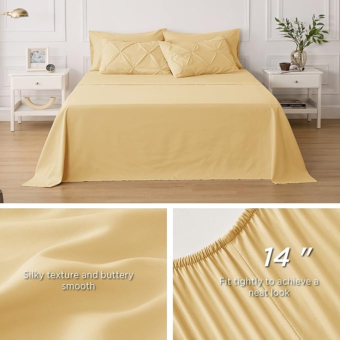 Bedsure Twin Comforter Set with Sheets - 5 Pieces Twin Bedding Sets, Pinch Pleat Yellow Twin Bed in a Bag with Comforter, Sheets, Pillowcase & Sham - LeafyLoom