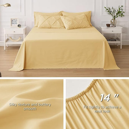 Bedsure King Size Comforter Set - Bedding Set King 7 Pieces, Pintuck Bed in a Bag Yellow Bed Set with Comforter, Sheets, Pillowcases & Shams - LeafyLoom