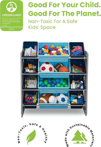 Delta Children Kids Toy Storage Organizer with 12 Plastic Bins - Greenguard Gold Certified, Grey/Blue - LeafyLoom