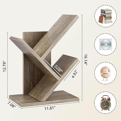 Tajsoon 3 Tier Tree Bookshelf, Small Bookshelf, Desktop Bookshelf Floor Standing Bookcase Display for CDs/Magazine/Books, Book Organizer Shelves for Bedroom, Living Room, Office, Greige - LeafyLoom