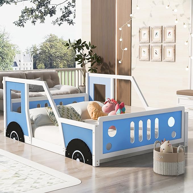 Full Size Classic Car-Shaped Platform Bed with Wheels,Wooden Floor Bedframe W/Door Design,Fun Play Toy Car Furniture for Boys Kids Toddlers Child's Bedroom,Blue - LeafyLoom