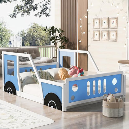 Full Size Classic Race Car Bed Platform Bed with Car Head,Wheels and Tail,Wood Bed Frame W/Slatted Rail Supports,Doors & Windows,for Kids Boys Girls Teens,Blue - LeafyLoom