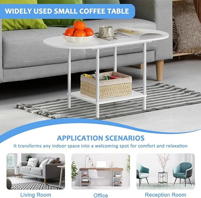 Small Oval Coffee Tables Modern Low Coffee Table for Small Space Mid Century Center Side Table with Open Shelving for Storage, Display, and Furniture Living Room & Home Office - LeafyLoom