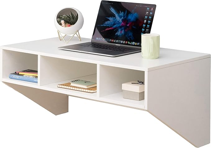 Wall Mounted Office Computer Desk with Three Compartments, White - LeafyLoom