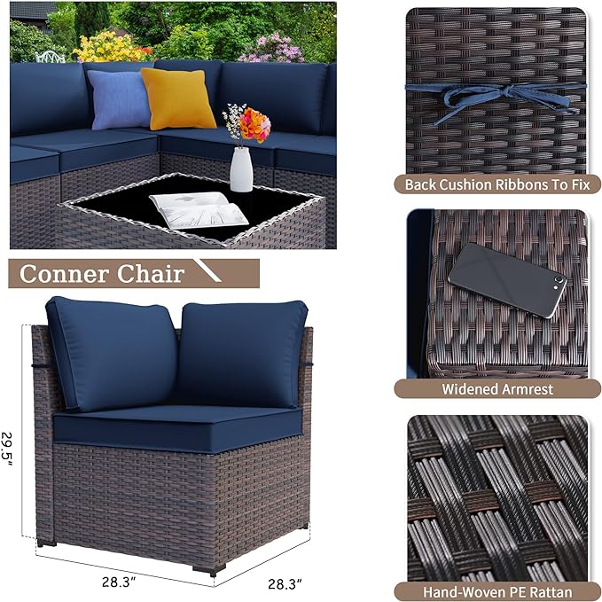 13PCS Patio Furniture Sectional Sofa Set PE Rattan Patio Conversation Set w/43in Gas Fire Pit Table, Outdoor Furniture with 55000 BTU Propane Fire Pit, Navy Blue - LeafyLoom