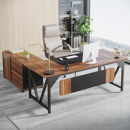 70.8" Executive Desk with 35.4" File Cabinet, L-Shaped Computer Desk, Wood Office Desk for Home Office - LeafyLoom