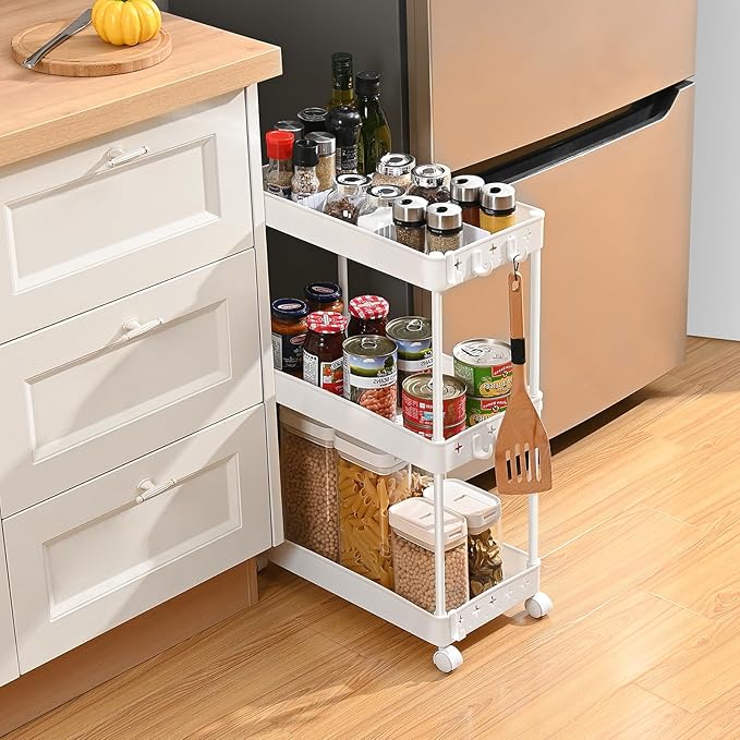 TOOLF Rolling Storage Cart, 3 Tier Utility Cart on Wheels, Bathroom Rolling Cart Organizer with Divider & Hooks, Mobile Shelving Unit Storage Cart for Laundry Kitchen Dorm, White - LeafyLoom