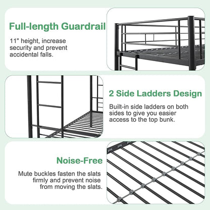 VECELO Metal Bunk Bed Twin Over Twin, Industrial Bunkbeds with Ladder and Full-Length Guardrail, Noise Free, No Boxing Spring Needed, Black - LeafyLoom