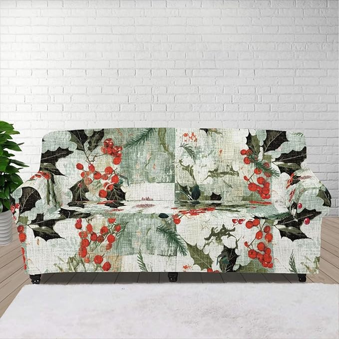 FKELYI Christmas Sofa Cover Stretch Couch Covers Xmas Poinsettia Berry Printed Non Skid Cushion Couch Sofa Slipcover Furniture Protector-XL FKELYI