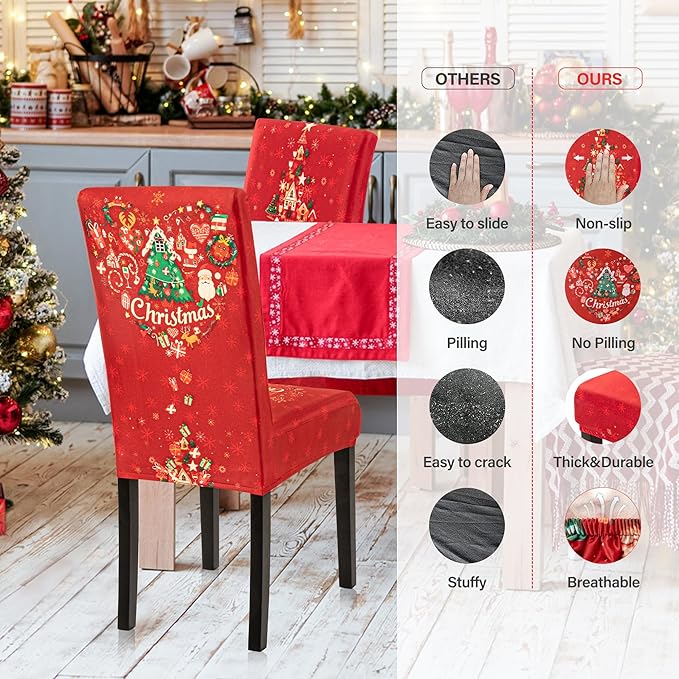 6PCS Christmas Dining Chair Covers, Stretch Removable Washable Dining Room Chair Protector Slipcovers, Xmas Tree Heart Kitchen Chair Cover, Slipcover Protector for Xmas Holiday Party Home Décor CZL