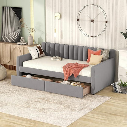 Velvet Upholstered Twin Daybed with Two Storage Drawers, Solid Wooden Sofa Bed Frame w/Vertical Stripes Designed Backrest and Pine Legs, Space-Saving Design, Gray - LeafyLoom