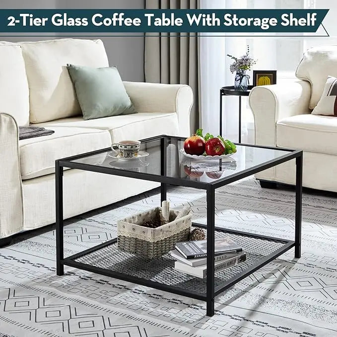 SAYGOER Coffee Table with Storage Modern Glass Coffee Tables Square Industrial Simple Center Table for Living Room Home Office Small Space 27.6 x 27.6 x 17.7 Inches Easy Assembly Gray Black - LeafyLoom