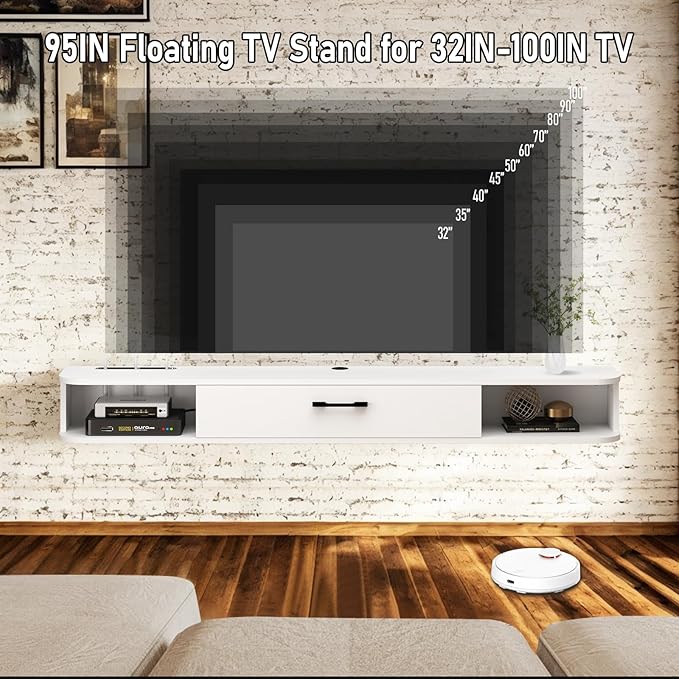 Floating TV Unit, 95'' Wall Mounted TV Cabinet, Floating Shelves with Door, Modern Entertainment Media Console Center Large Storage TV Bench for Living Room & Office (94.49IN, White) - LeafyLoom