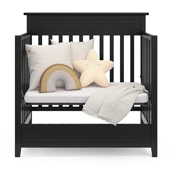 Storkcraft Petal 4-in-1 Convertible Mini Crib (Black) – GREENGUARD Gold Certified, Converts to Daybed and Twin-Size Bed, includes Bonus 2.75-inch Mini Crib Mattress - LeafyLoom