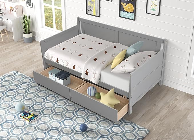 Twin Daybed with 2 Storage Drawers,Pinewood Twin Size Daybed Frame with Solid Guardrail,Dual-Use Sofa Daybed for Boys/Girls/Teens Bedroom, Easy to Assemble, No Box Spring Needed,Grey - LeafyLoom