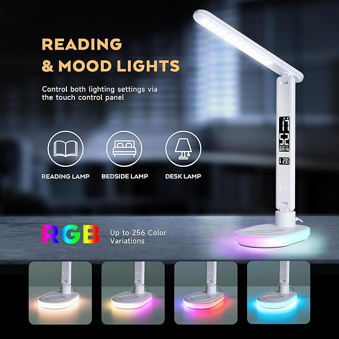 Led Desk Lamp with Charger: Office Table Lamps with USB Wireless Charging for Home Reading - Desk Lights with Clock for College - LeafyLoom