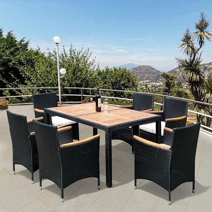 7-Piece Outdoor Dining Table Set with Acacia Wood TableTop and 6 Chairs, Rattan Wicker Patio Furniture for Garden Backyard Poolside, Onesize, Black - LeafyLoom