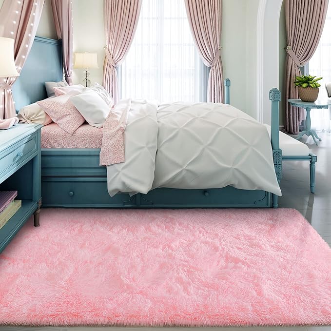 Super Soft Fluffy Shaggy Rugs 4x5.9 Feet for Living Room Bedroom, Fuzzy Plush Area Rugs for Girls Kids Room Nursery Home Decor, Furry Dorm Rug Cute Non-Slip Indoor Floor Carpet, Baby Pink - LeafyLoom