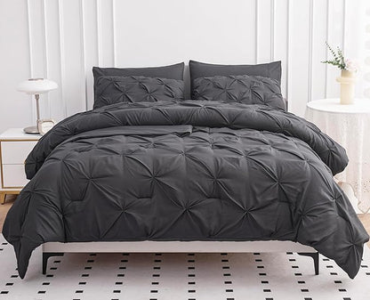 LANE LINEN Queen Size Comforter Set, 7 Piece Bedding Queen Size, Pintuck Comforters Queen Size Bed Set, Soft Queen Bed in a Bag Set, Queen Bed Comforter Set with Sheets, Pillowcases & Shams - Grey - LeafyLoom