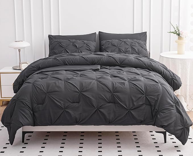 LANE LINEN King Size Comforter Set with Sheets, Pillowcases & Shams, 7 Piece Bed in a Bag Set King Size, Pintuck King Bed Comforter Set, Soft King Bedding Set, Pinch Pleated King Size Bed Set - Grey - LeafyLoom