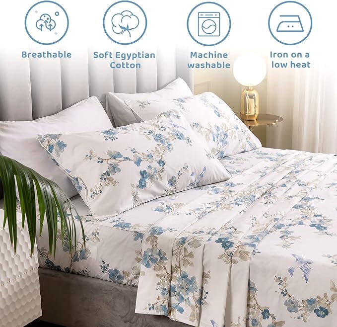 QSH 100% Egyptian Cotton Sheets Twin Size, Bird Tree Branch Blossom Pattern Botanical Luxury Printed Bedding Flower Twin Bed Sheets for Girls Kids Extra Soft 4pcs Deep Pocket Floral Bed Sheet - LeafyLoom