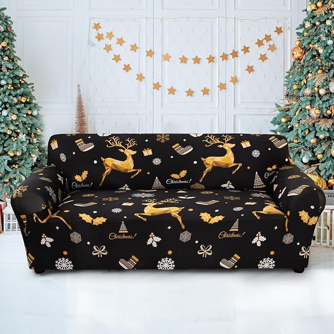 Mybedsoul Christmas Printed Black Sofa Cover Reindeer Printed Elastic Couch Cover Machine Washable Christmas Theme Red Sofa Slipcover for Living Room(3 Seater/Loveseat) Mybedsoul