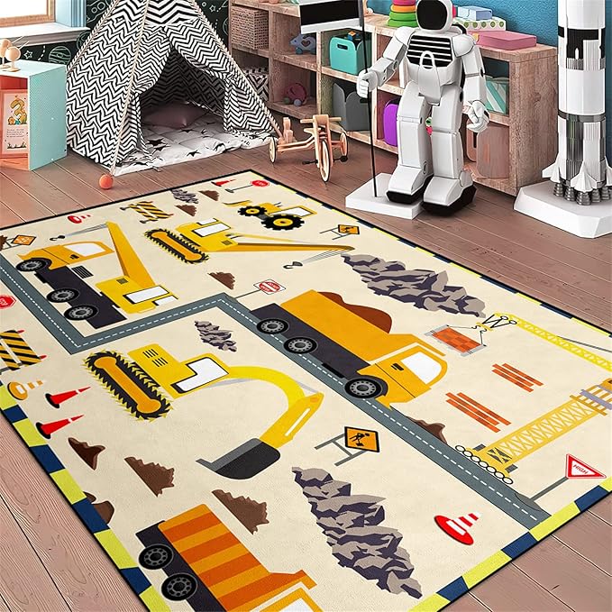 Construction Play Mat Car Rug Play Mat Construction Rugs for Boys Room Car Rug for Boys Room Construction Decor for Boys Room Playroom Rug for Livingroom 4'5''×6' - LeafyLoom