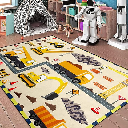 Construction Play Mat Car Rug Play Mat Construction Rugs for Boys Room Car Rug for Boys Room Construction Decor for Boys Room Playroom Rug for Livingroom 3'×5' - LeafyLoom