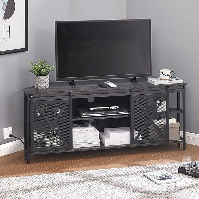 HOMISSUE Corner TV Stand, Corner TV Stand for 55 60 Inch TV, Industrial & Farmhouse Corner Entertainment Center w/Sliding Barn Door, Corner TV Cabinet for Living Room, Grey - LeafyLoom