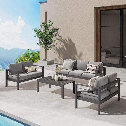 Wisteria Lane Aluminum Outdoor Patio Furniture Set, Modern Patio Conversation Sets, Outdoor Sectional Metal Sofa with 5 Inch Cushion and Coffee Table for Balcony, Garden, Dark Grey - LeafyLoom